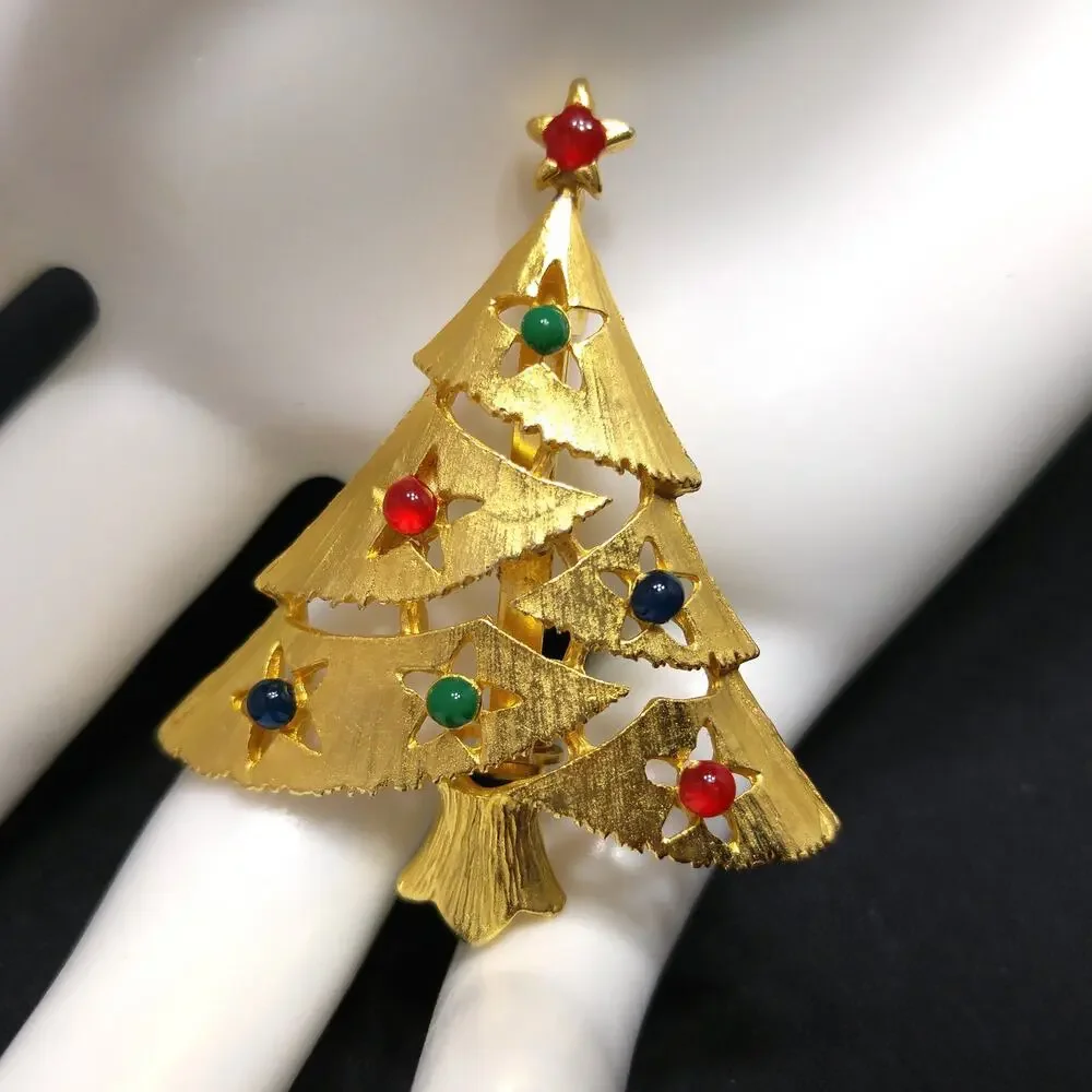 Vintage Eisenberg Ice Christmas Tree Brooch 1960s Gold Multicolor Beads Signed